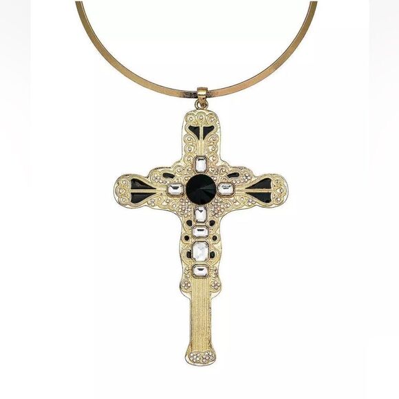 8 Other Reasons Statement Cross Necklace Gold black rhinestone choker Revolve - Picture 2 of 8